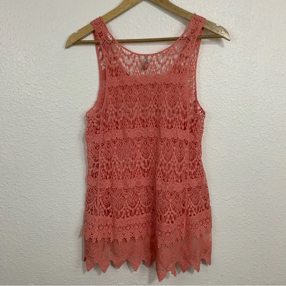 Vanity Boho Beachy Coral Crochet Lace Trim Sheer Top Size M - Picture 2 of 5